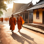 **A serene early morning scene in a Cambodian village.** Orange-robed Buddhist monks walk silently, collecting alms from locals who offer food with reverence. Soft, golden light illuminates the tranquil street, imbued with a sense of peace, community, and ancient tradition.