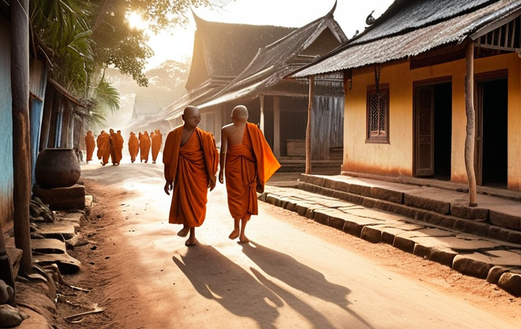 **A serene early morning scene in a Cambodian village.** Orange-robed Buddhist monks walk silently, collecting alms from locals who offer food with reverence. Soft, golden light illuminates the tranquil street, imbued with a sense of peace, community, and ancient tradition.